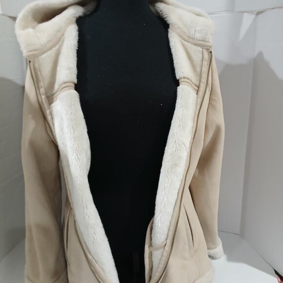 Sonoma Life + Style Women's Suede Fabric Beige HoodFaux Fur Coat/Jacket Size L. - Picture 5 of 14